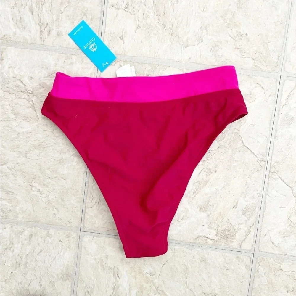 NWT Cupshe Colorblock Hidden Wonders Top XS & V-Front Bikini S Bottom Barbiecore - Picture 6 of 11